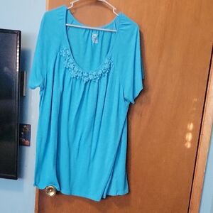 Just My Size Turquoise Blouse with Embroidered Neckline